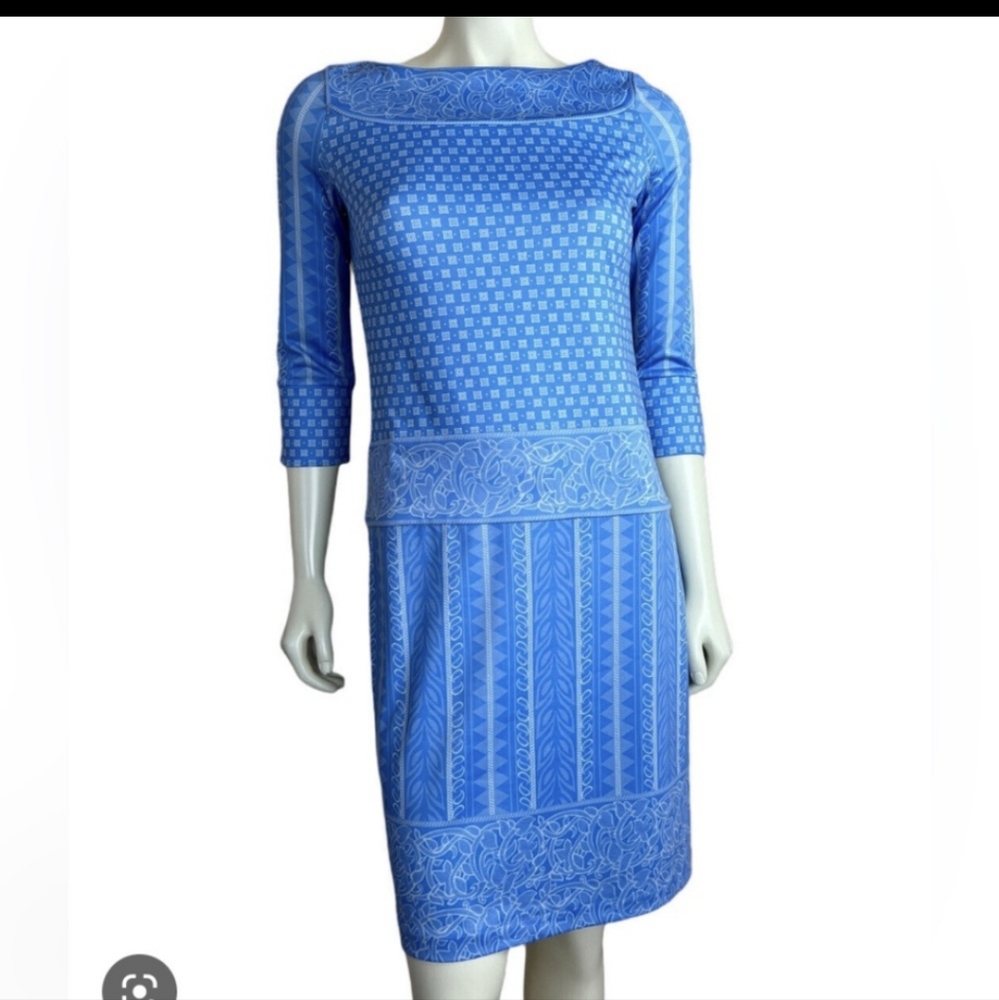 Gretchen Scott Jersey Border Printed Dress Blue Kanga 3/4 Sleeve Boat Neck -Med